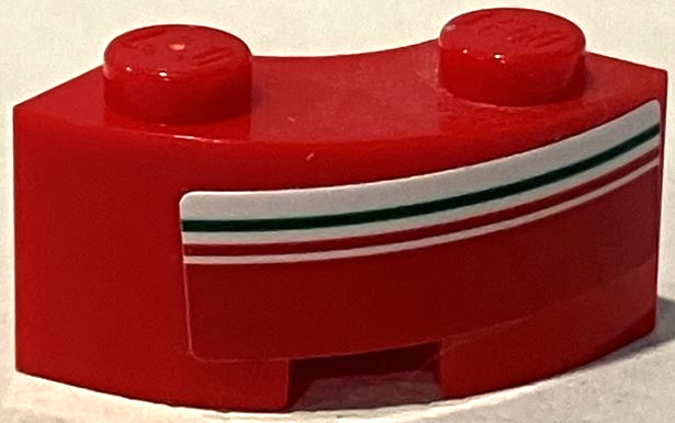 Brick, Round Corner 2 x 2 Macaroni with Stud Notch and Reinforced Underside with Red and Green Lines on White Stripe Pattern Model Right Side (Sticker) - Set 75889