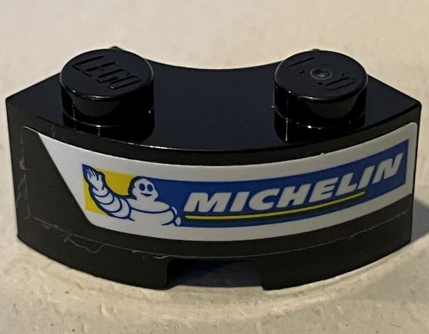 Brick, Round Corner 2 x 2 Macaroni with Stud Notch and Reinforced Underside with Michelin Logo on White Stripe Pattern Model Left Side (Sticker) - Set 75881