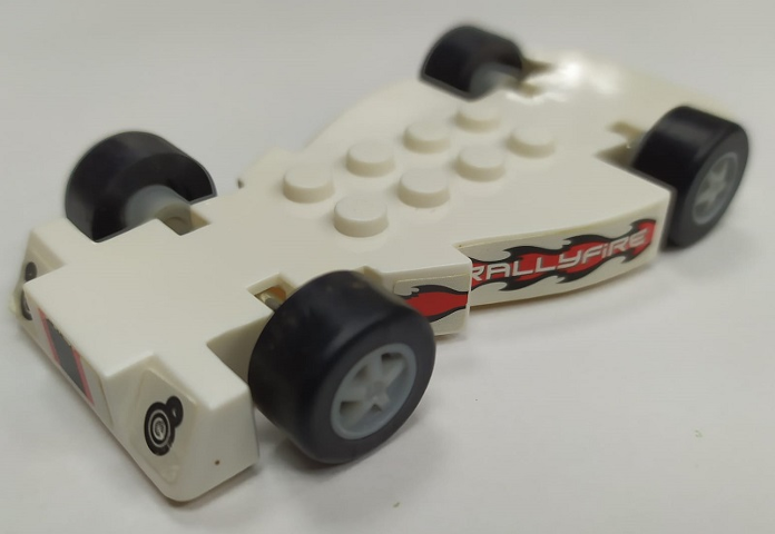 Vehicle, Base Fast Food Racer 5 x 10 with Light Bluish Gray 5 Spoke Wheels and Black Tires with Headlights, Flames, Taillights and 'RALLYFiRE' Pattern (Stickers) - Gear McDR2US / McDR3