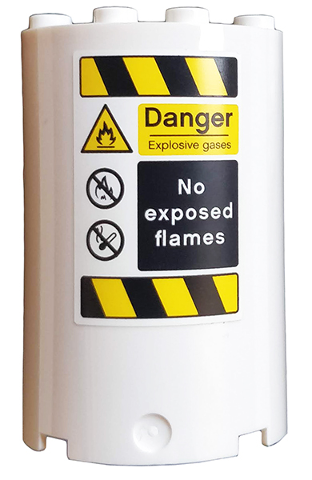 Cylinder Half 2 x 4 x 5 with 1 x 2 Cutout with 'Danger', 'No exposed flames', and Black and Yellow Danger Stripes Pattern (Sticker) - Set 76037