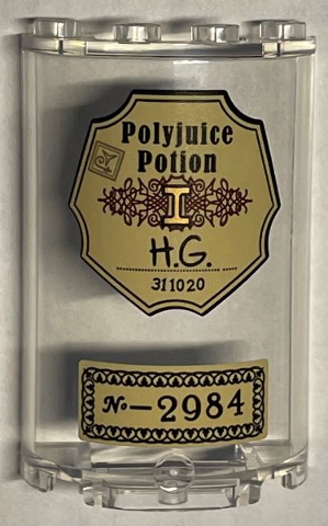 Cylinder Half 2 x 4 x 5 with 1 x 2 Cutout with Black 'Polyjuice Potion' and 'No-2984' Pattern (Stickers) - Set 76391