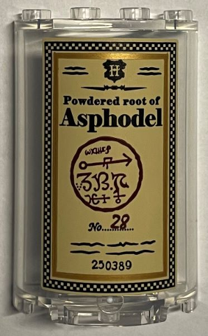 Cylinder Half 2 x 4 x 5 with 1 x 2 Cutout with Black 'Powdered root of Asphodel' Pattern (Sticker) - Set 76391
