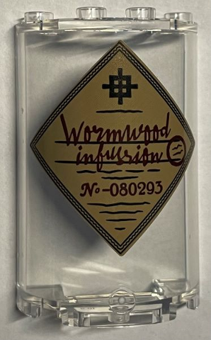 Cylinder Half 2 x 4 x 5 with 1 x 2 Cutout with Reddish Brown 'Wormwood infusrion' (infusion) and 'No-080293' Pattern (Sticker) - Set 76391