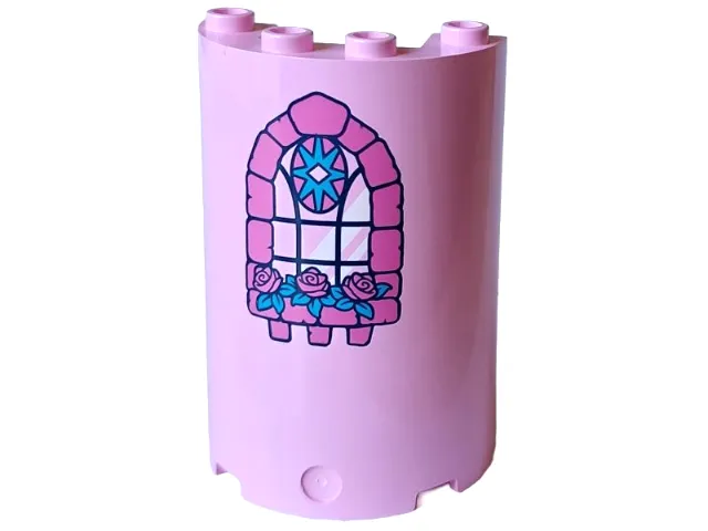 Cylinder Half 2 x 4 x 5 with 1 x 2 Cutout with Dark Pink Bricks and Flowers, Dark Azure Leaves and Star and Black Window Frame Pattern