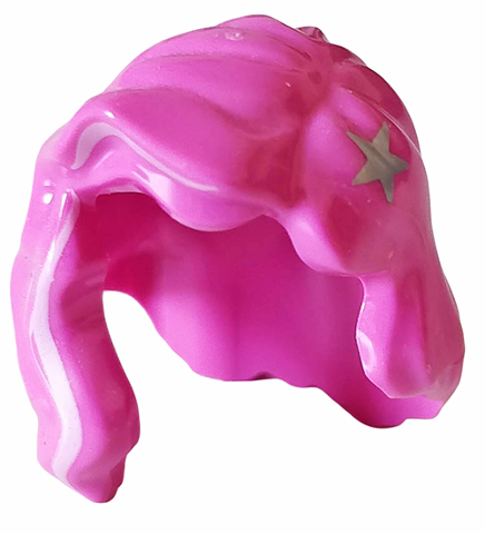 Minifigure, Hair Female Mid-Length with Part over Right Shoulder with Bright Pink Highlight and Silver Star Pattern