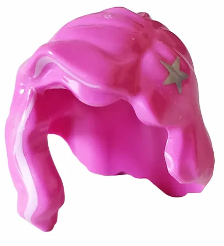 Minifigure, Hair Female Mid-Length with Part over Right Shoulder with Bright Pink Highlight and Silver Star Pattern