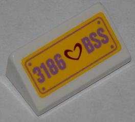 Slope 30 1 x 2 x 2/3 with Dark Red Heart and '3186 BSS' Pattern (Sticker) - Set 3186