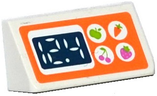 Slope 30 1 x 2 x 2/3 with Apple, Carrot, Cherry and Strawberry in White Circles and '12.4' Digital Display Pattern (Sticker) - Set 41108