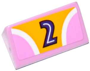 Slope 30 1 x 2 x 2/3 with 2 Pink Quadrants, Curved White Stripes and Dark Purple Number 2 on Bright Light Orange Background Pattern (Sticker) - Set 41133