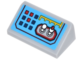 Slope 30 1 x 2 x 2/3 with Control Panel with Red and Blue Square Buttons, Yellow Lines, and White Toggles Switches Pattern (Sticker) - Set 70905