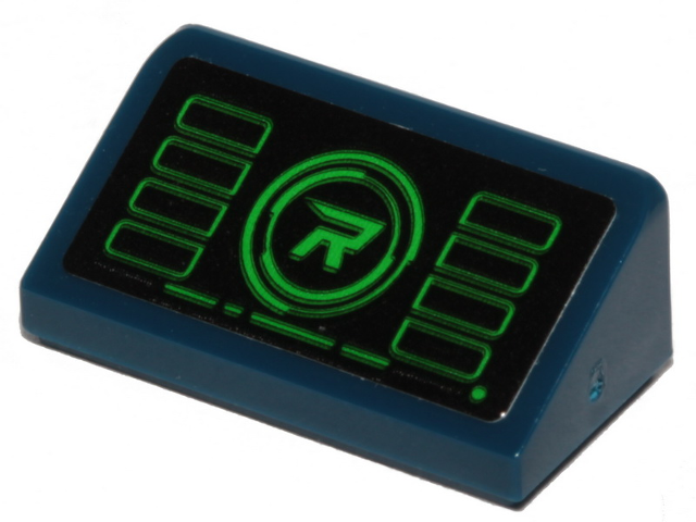 Slope 30 1 x 2 x 2/3 with Black Monitor with Green Rectangles and 'R' in Circle Pattern (Sticker) - Set 70839