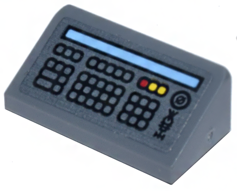Slope 30 1 x 2 x 2/3 with Cash Register Keyboard with Bright Light Blue Bar, Red and Yellow Buttons, and Ninjago Logogram 'KEY' Pattern (Sticker) - Set 71799