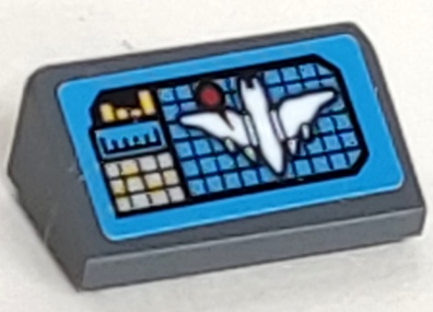 Slope 30 1 x 2 x 2/3 with Dark Azure Screen, Red Dot, Graphs and White Batwing on Black Grid Pattern (Sticker) - Set 70916