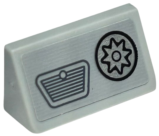 Slope 30 1 x 2 x 2/3 with Dark Bluish Gray Dashboard Grille and Silver Gear Cog in Circle with Black Outline Pattern (Sticker) - Set 76424