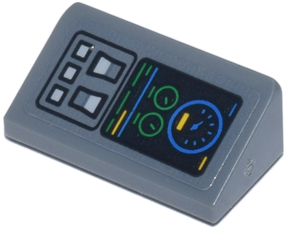 Slope 30 1 x 2 x 2/3 with Control Panel with Buttons, Switches, and Blue and Green Gauges and Stripes Pattern Model Left Side (Sticker) - Set 76269