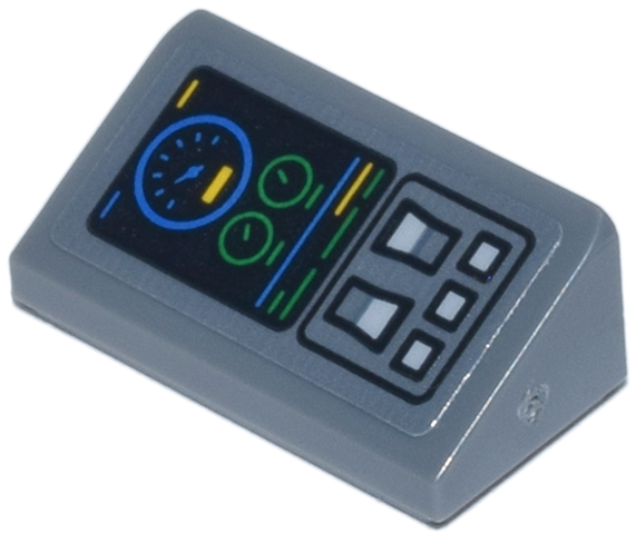 Slope 30 1 x 2 x 2/3 with Control Panel with Buttons, Switches, and Blue and Green Gauges and Stripes Pattern Model Right Side (Sticker) - Set 76269