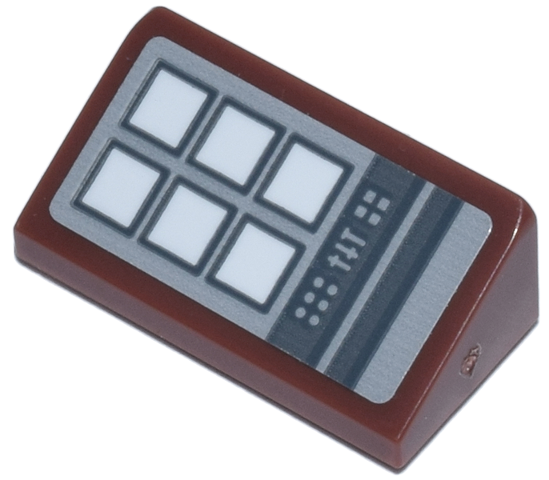 Slope 30 1 x 2 x 2/3 with Control Panel with Buttons and Sliders, Dark Bluish Gray Stripes and White Squares on Light Bluish Gray Background Pattern Model Left Side (Sticker) - Set 76271