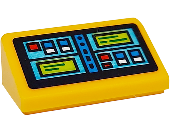 Slope 30 1 x 2 x 2/3 with Screen with Blue, Red and White Buttons and Lime Rectangles on Medium Azure Background Pattern (Sticker) - Set 77076