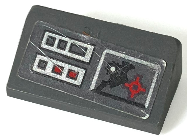 Slope 30 1 x 2 x 2/3 with Control Panel with Black Techno-Blade, Red Crosshair, Buttons and Lights on Silver Rectangles Pattern (Sticker) - Set 70726