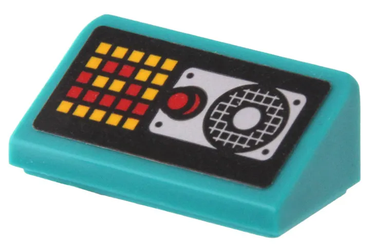 Slope 30 1 x 2 x 2/3 with Red Button, Speaker Grille on Silver Background and Yellow Pixelated Display with Letter P Pattern (Sticker) - Set 80022