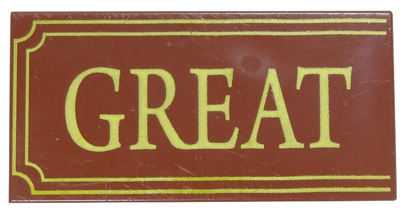 Tile 2 x 4 with Yellow 'GREAT' and Fancy Outline Pattern