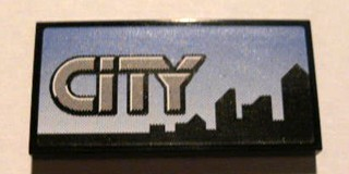 Tile 2 x 4 with Gray 'CITY' and Skyline on Blue Background Pattern (Sticker) - Set 8404