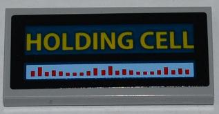 Tile 2 x 4 with Red Bars and Yellow 'HOLDING CELL' on Dark Blue Background Pattern (Sticker) - Set 6860