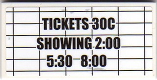 Tile 2 x 4 with 'TICKETS 30C SHOWING 2:00 5:30 8:00' on Black Grid Pattern (Sticker) - Set 10232