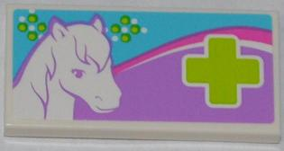 Tile 2 x 4 with White Horse Head and Lime Cross Pattern (Sticker) - Set 3188