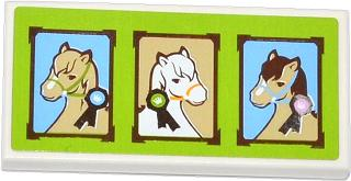 Tile 2 x 4 with 3 Horse Portraits on Lime Backgound Pattern (Sticker) - Set 3185