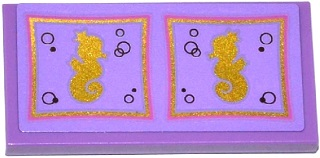 Tile 2 x 4 with Gold Seahorses and Bubbles in 2 Gold and Medium Lavender Squares Pattern (Sticker) - Set 41063