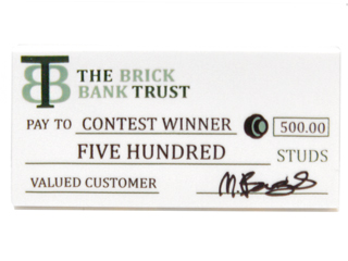 Tile 2 x 4 with 'THE BRICK BANK TRUST PAY TO CONTEST WINNER FIVE HUNDRED STUDS' Check Pattern