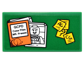Tile 2 x 4 with Orange Case File with 'GCPD Case Files MR. Freeze', Mugshot and Yellow Notes Pattern (Sticker) - Set 76052