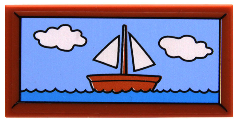 Tile 2 x 4 with Picture of Reddish Brown Sailing Ship, Dark Azure Sea and Bright Light Blue Sky with 2 White Clouds Pattern (Sticker) - Set 71006