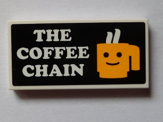 Tile 2 x 4 with 'THE COFFEE CHAIN' and Yellow Cup with Minifigure Smile Pattern (Sticker) - Set 60097