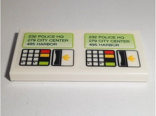 Tile 2 x 4 with '232 POLICE HQ', '279 CITY CENTER', '495 HARBOR' Ticket Dispenser with Keypad and Arrows Pattern (Sticker) - Set 60097