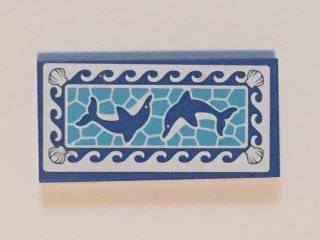 Tile 2 x 4 with Blue Dolphins Pool Mosaic Pattern (Sticker) - Set 41101