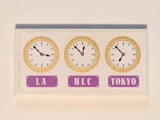 Tile 2 x 4 with 3 Gold Clocks and 'LA', HLC' and 'TOKYO' Pattern (Sticker) - Set 41101