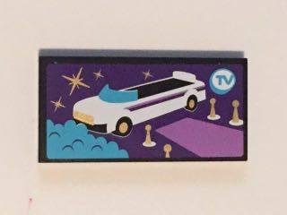 Tile 2 x 4 with White Convertible Car and Blue 'TV' Pattern (Sticker) - Set 41101