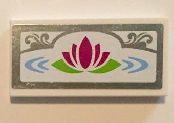 Tile 2 x 4 with Magenta Water Lily and Silver Mirrored Border with Scroll Pattern (Sticker) - Set 41058