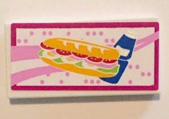 Tile 2 x 4 with Sandwich and Blue Drink Bottle with Magenta Border Pattern (Sticker) - Set 41058
