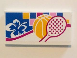 Tile 2 x 4 with White and Blue Flower, Basketball and Tennis Racket Pattern (Sticker) - Set 41058