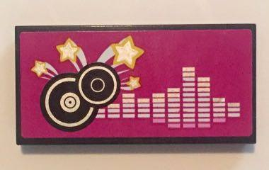 Tile 2 x 4 with Black and Silver Record Disks and Silver Frequency Bars on Magenta Background Pattern (Sticker) - Set 41058