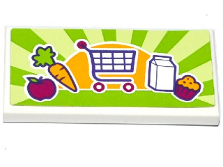 Tile 2 x 4 with Apple, Carrot, Shopping Cart / Trolley, Milk Carton and Cupcake Pattern (Sticker) - Set 41118