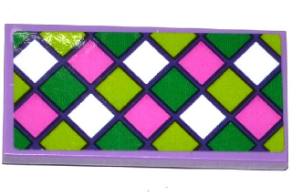 Tile 2 x 4 with Dark Pink, Green, Lime and White Squares Mosaic Pattern (Sticker) - Set 41065