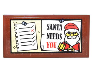 Tile 2 x 4 with 'SANTA NEEDS YOU', Santa Minifigure and List Pinned to Board on Transparent Background Pattern (Sticker) - Set 10245