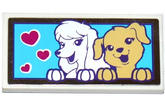 Tile 2 x 4 with 2 Dogs and 3 Magenta Hearts on Medium Azure Background Pattern (Sticker) - Set 41124