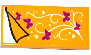 Tile 2 x 4 with Bright Light Orange Blanket with Hearts and Butterflies and White Sheet Pattern (Sticker) - Set 41125