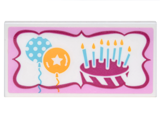 Tile 2 x 4 with Sign with 2 Balloons, Birthday Cake with 7 Candles in Magenta and Bright Pink Frame Pattern (Sticker) - Set 41132