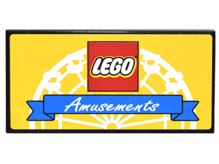 Tile 2 x 4 with LEGO Logo and Blue Ribbon with White 'Amusements' on Yellow Background with White Ferris Wheel Pattern (Sticker) - Set 10244